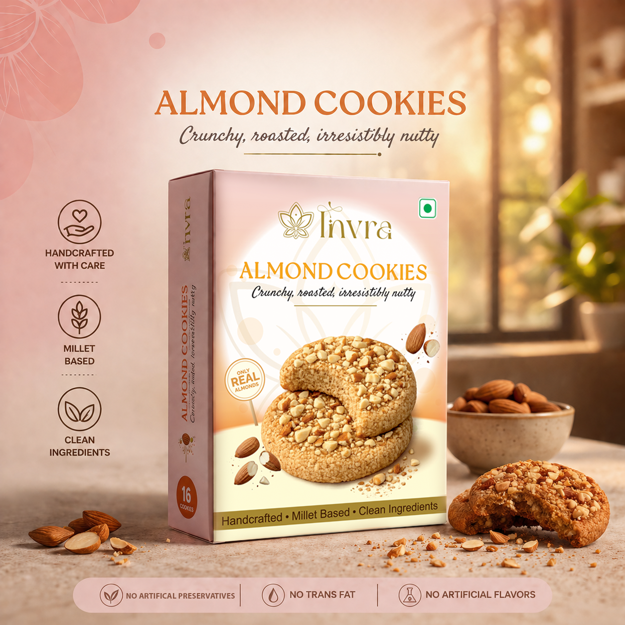 Invra Roasted Almond Cookies – Handcrafted Millet-Based Indulgence 16 Pcs