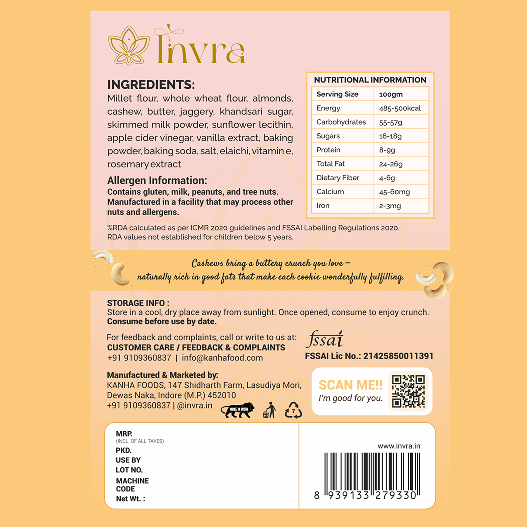Invra Crunchy Cashew Cookies – Handcrafted, Millet-Based & Irresistibly Nutty 16 Pcs