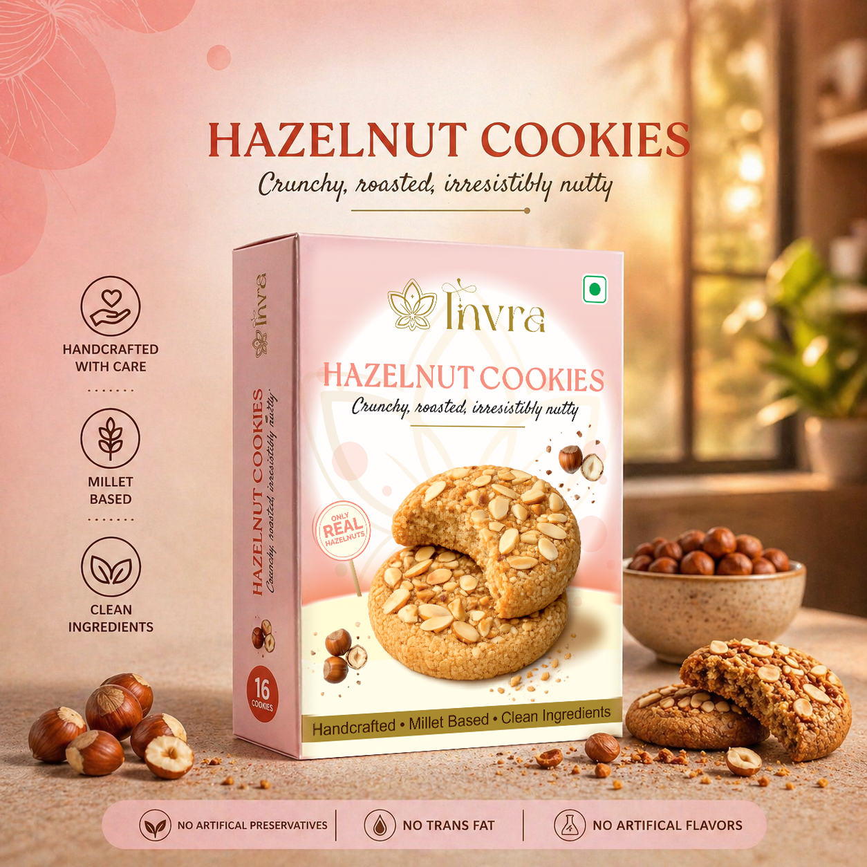 Invra Roasted Hazelnut Cookies – Handcrafted Millet-Based & Irresistibly Nutty 16 Pcs