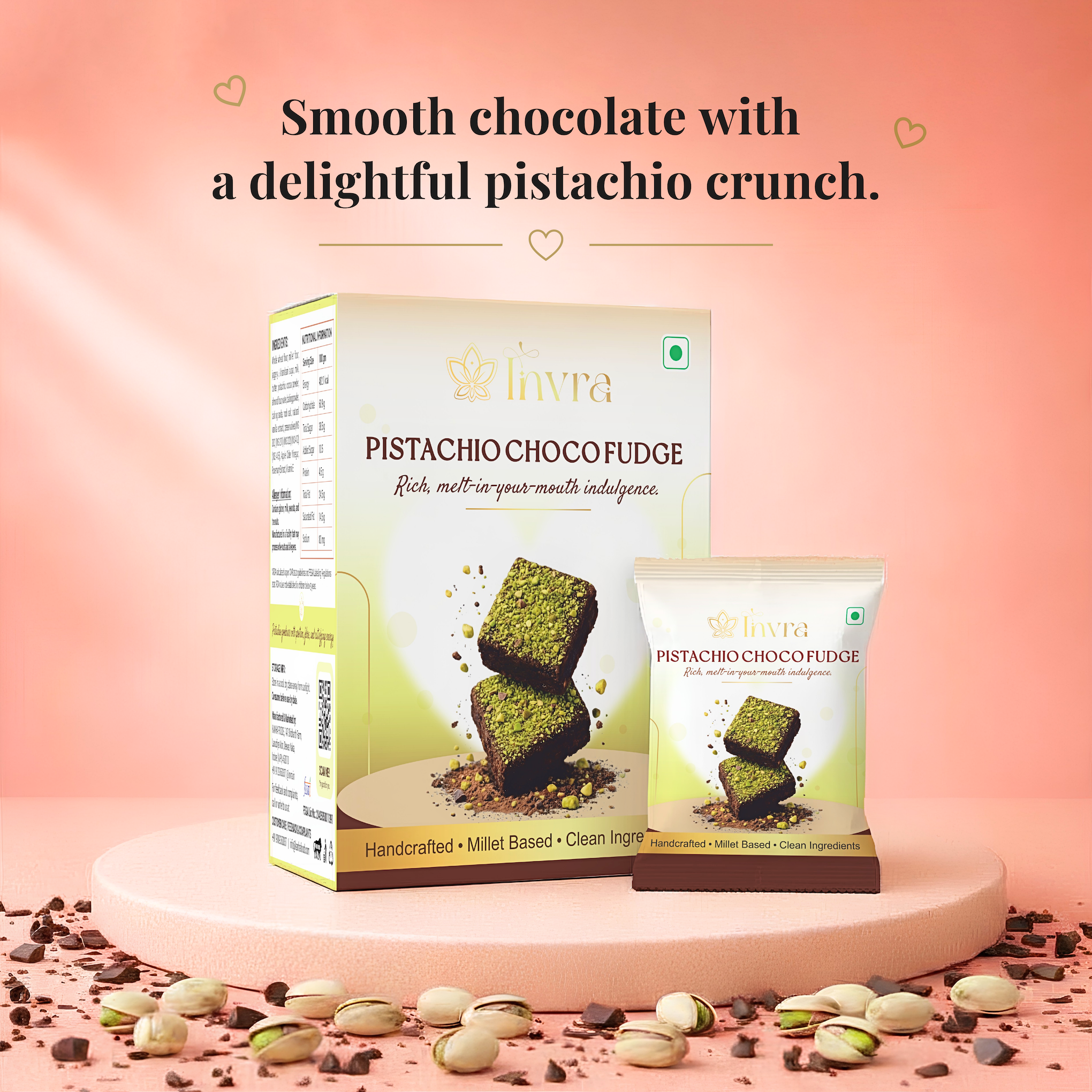Invra Pistachio Choco Fudge – Handcrafted Millet-Based Treat with Roasted Pistachios (6 Pcs)