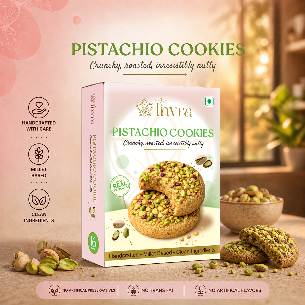Invra Crunchy Pistachio Cookies – Handcrafted, Millet-Based & Irresistibly Nutty 16 Pcs