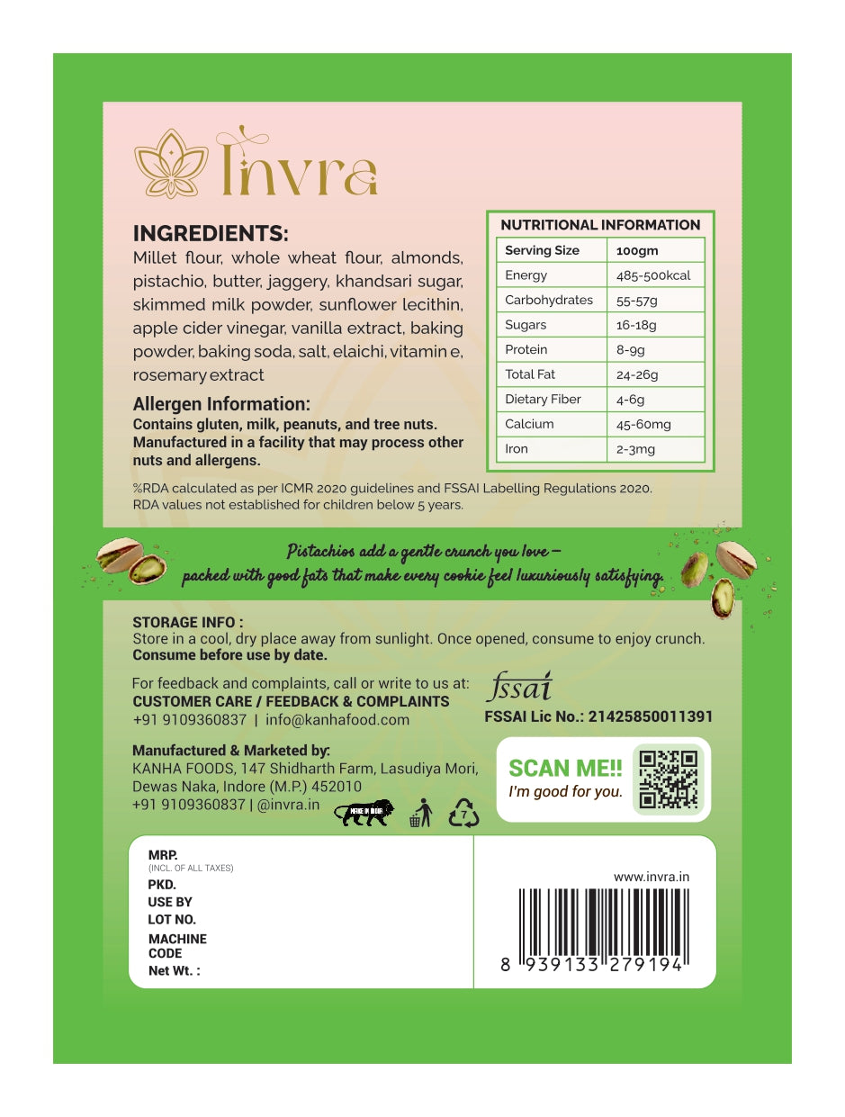 Invra Crunchy Pistachio Cookies – Handcrafted, Millet-Based & Irresistibly Nutty 16 Pcs