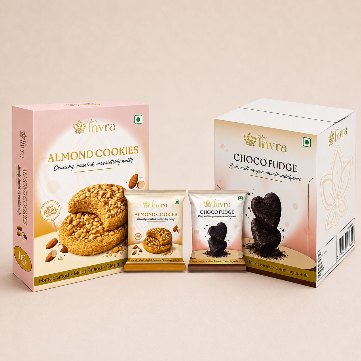 Invra Millet-Based Almond Cookies & Choco Fudge Combo – Jaggery Sweetened, Healthy Snacks Pack (16 Cookies + 5 Fudge Pieces)