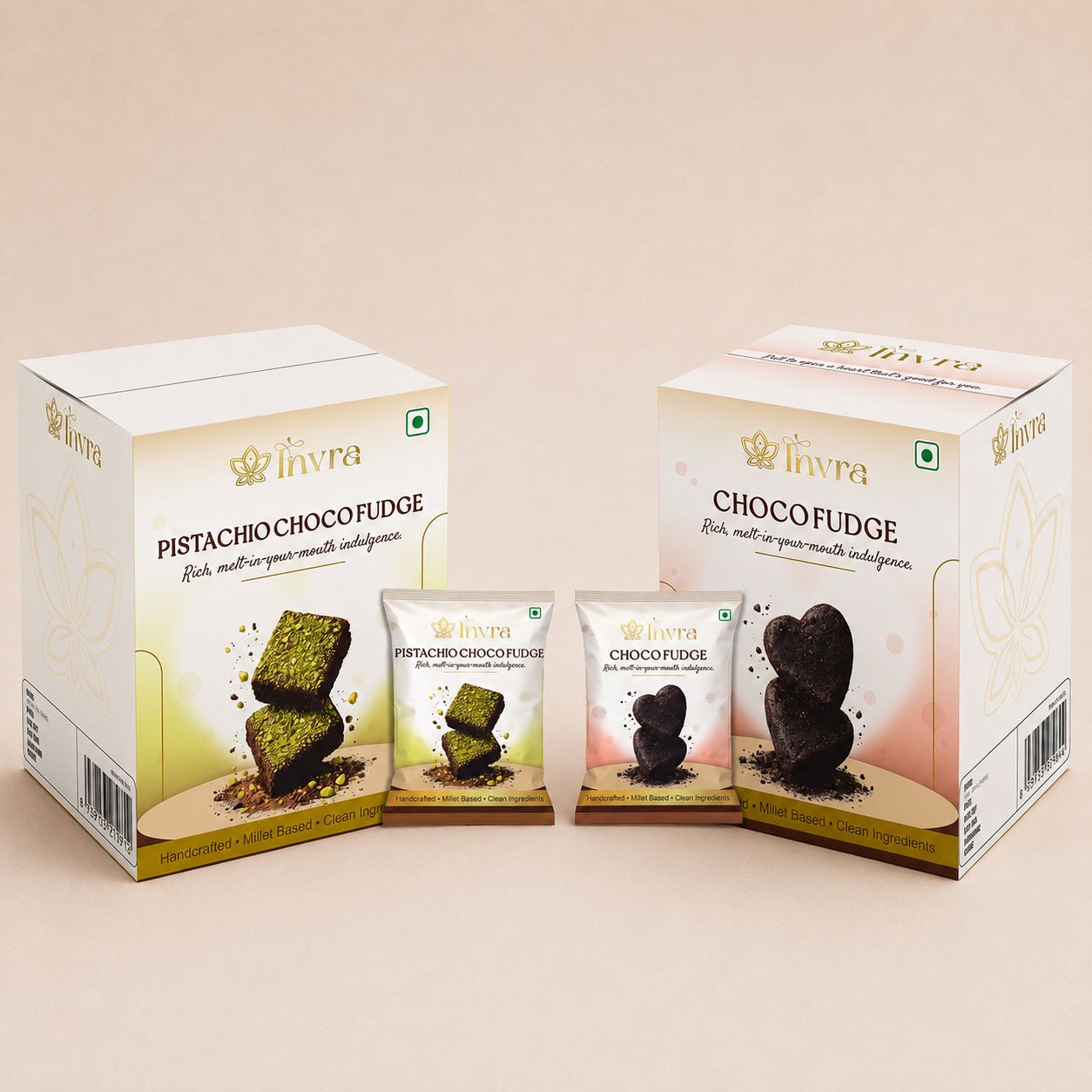 Invra Premium Fudge Combo – Choco & Pistachio | Millet-Based, Naturally Sweetened 12 Pcs