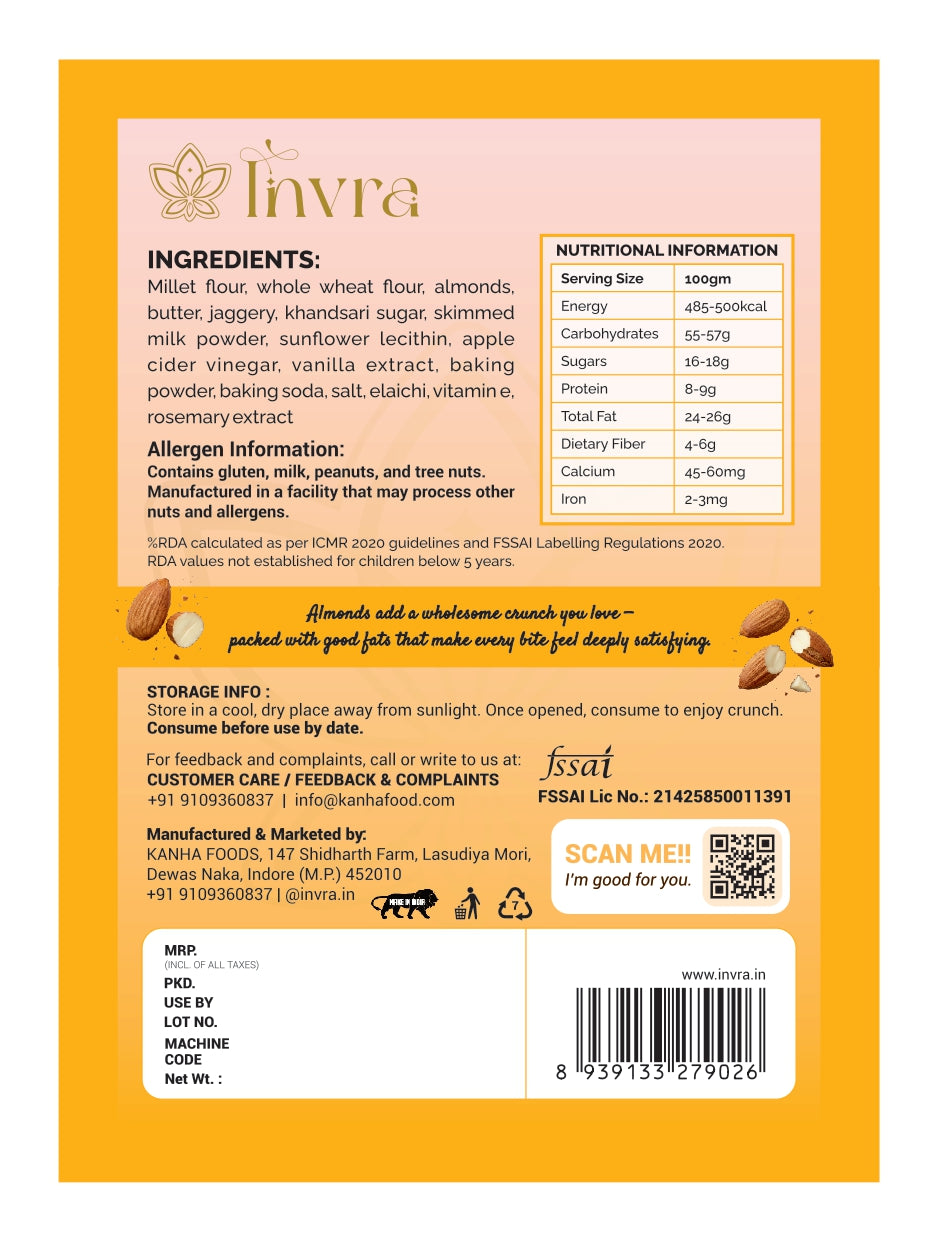 Invra Roasted Almond Cookies – Handcrafted Millet-Based Indulgence 16 Pcs